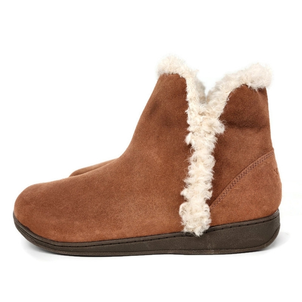 Vionic Unwind Tan Suede Faux Shearling Notched Sides Pull-On Flat Ankle Booties - Picture 2 of 14